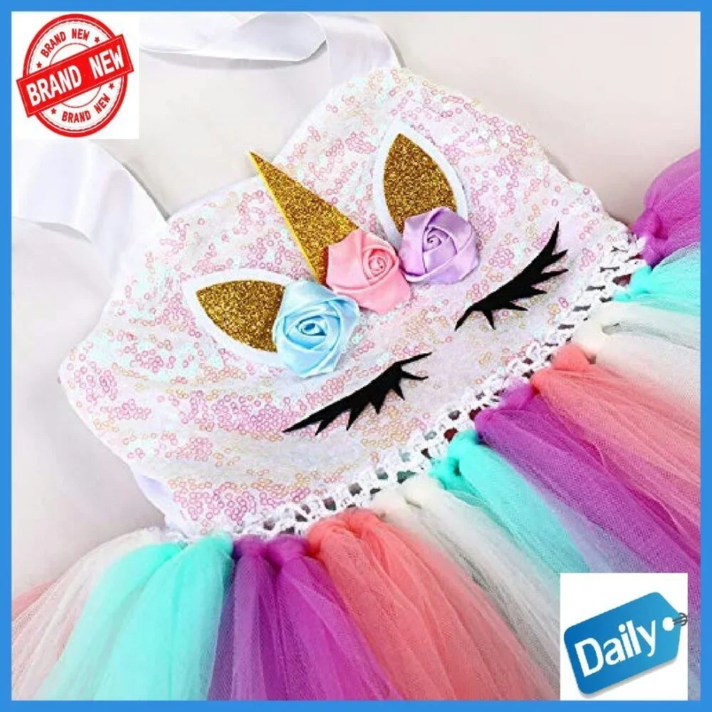 Sequin Unicorn Dress with Headband Girls 1-10Y Birthday Party Costume